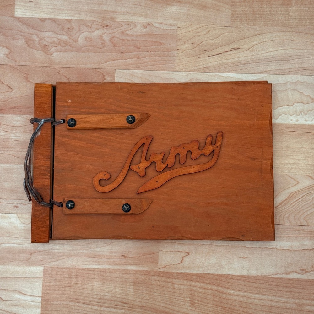 Vintage WWII Era US Army Wooden Photo Album Scrapbook Handcrafted Wood Cover
